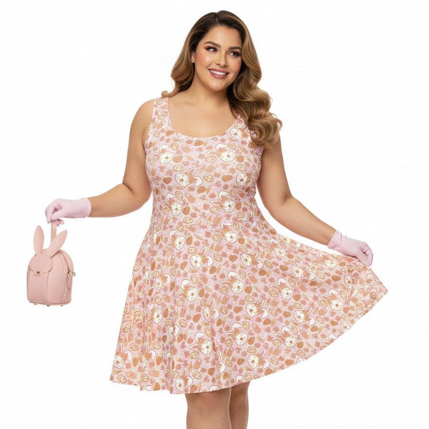 Plus size woman wearing a 1950s style pink Easter bunny print swing dress with a fit and flare silhouette.