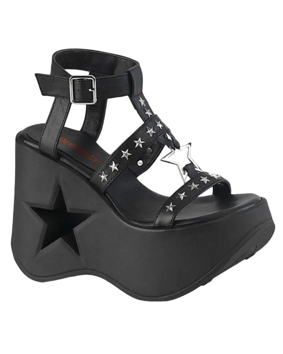 -inch black platform wedge sandal with star cutout heel and silver star studded straps.