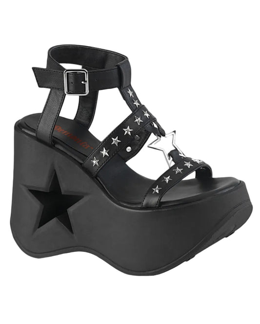 -inch black platform wedge sandal with star cutout heel and silver star studded straps.