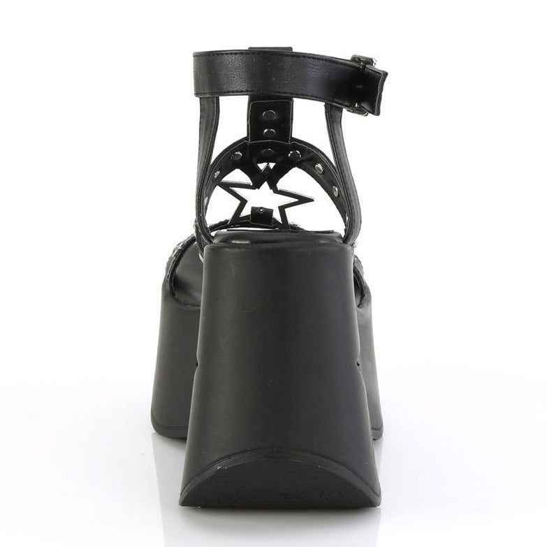 -inch black platform wedge sandal with star cutout heel and silver star studded straps.