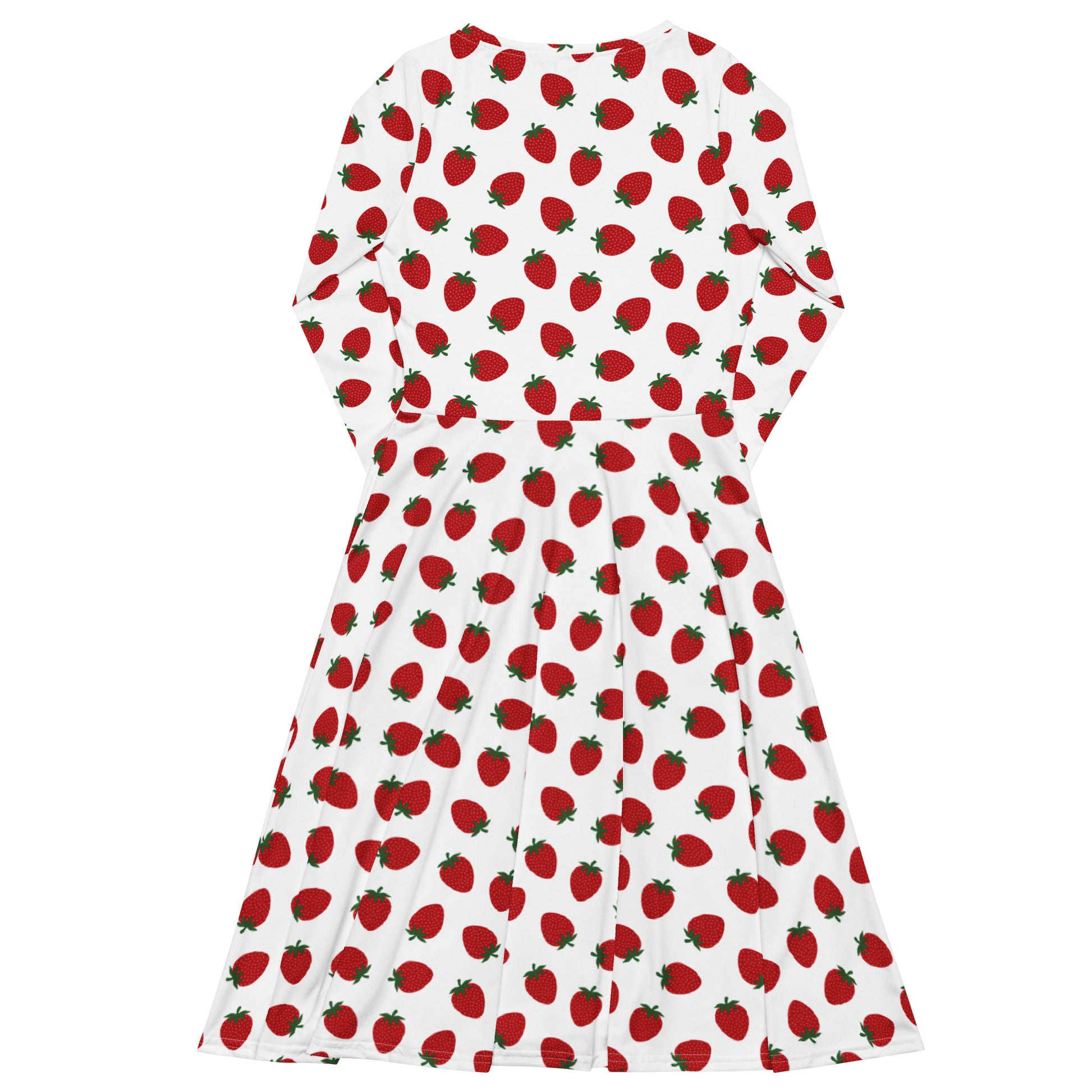 white and red strawberry print long sleeve dress on white background