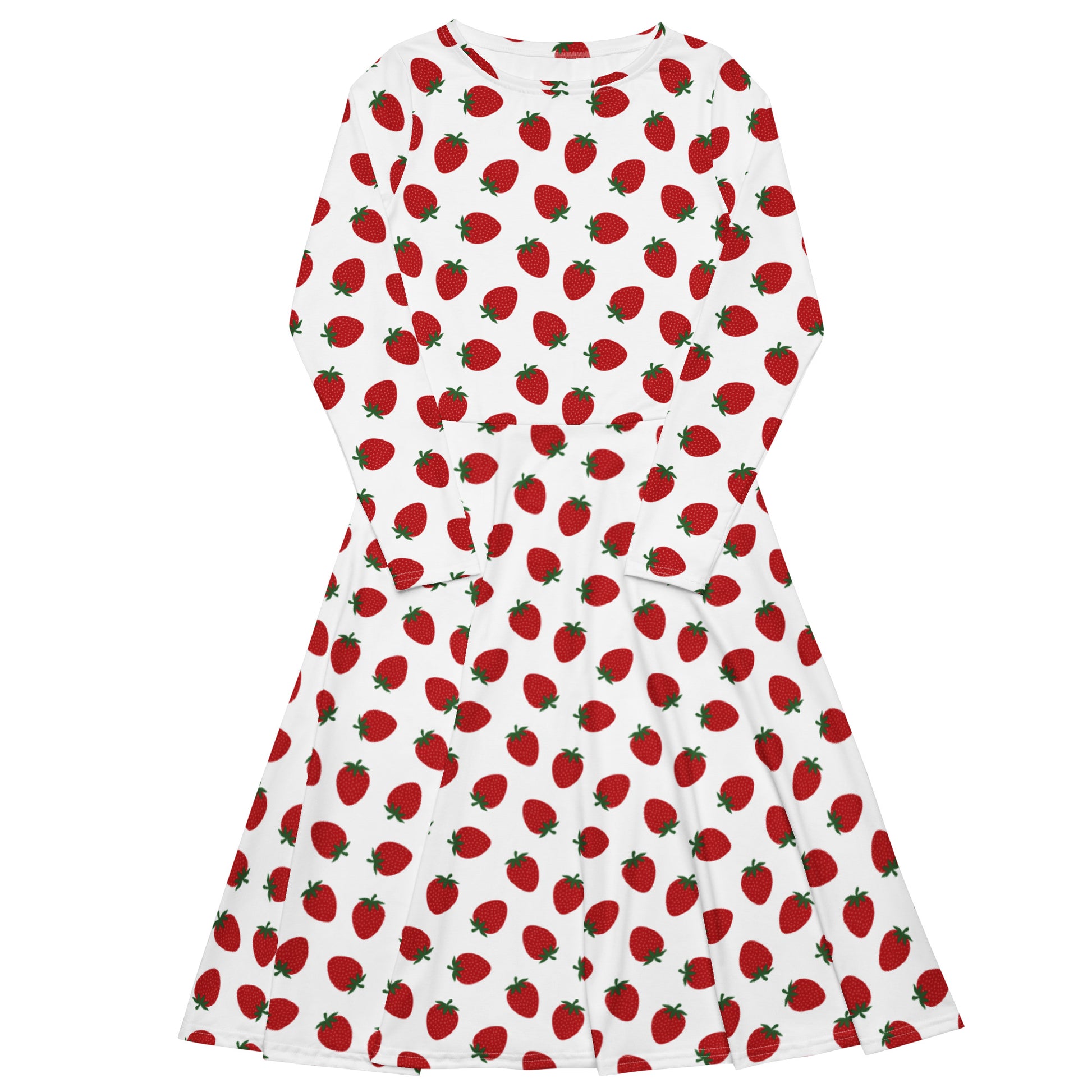 white and red strawberry print long sleeve dress on white background