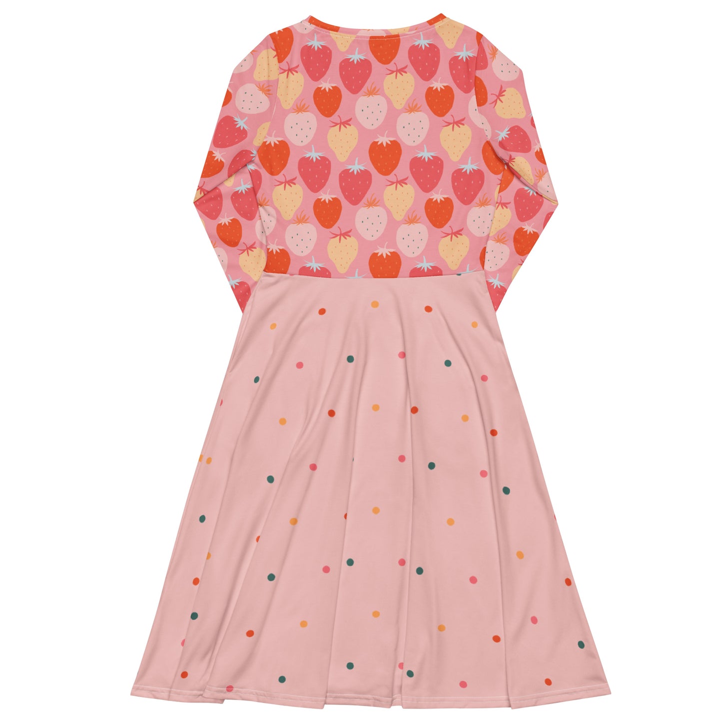 pink and red strawberry print long sleeve pin up dress with pockets