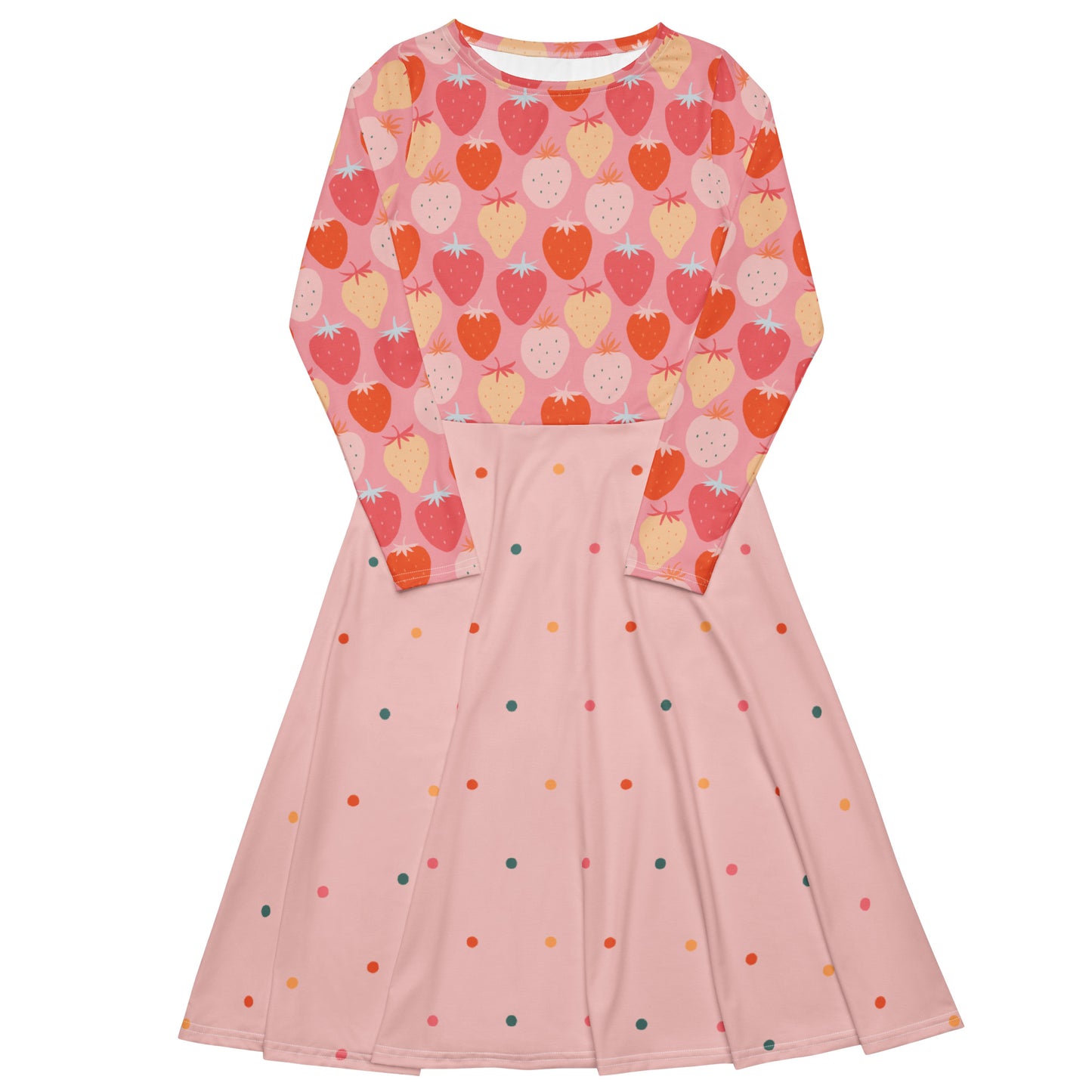 pink and red strawberry print long sleeve pin up dress with pockets