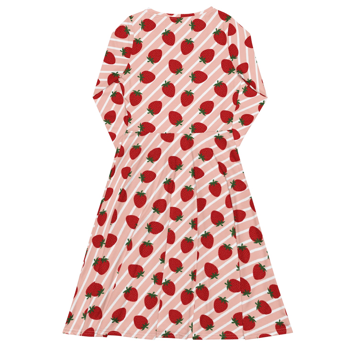 Strawberry and stripe print longsleeve dress with pockets on white background