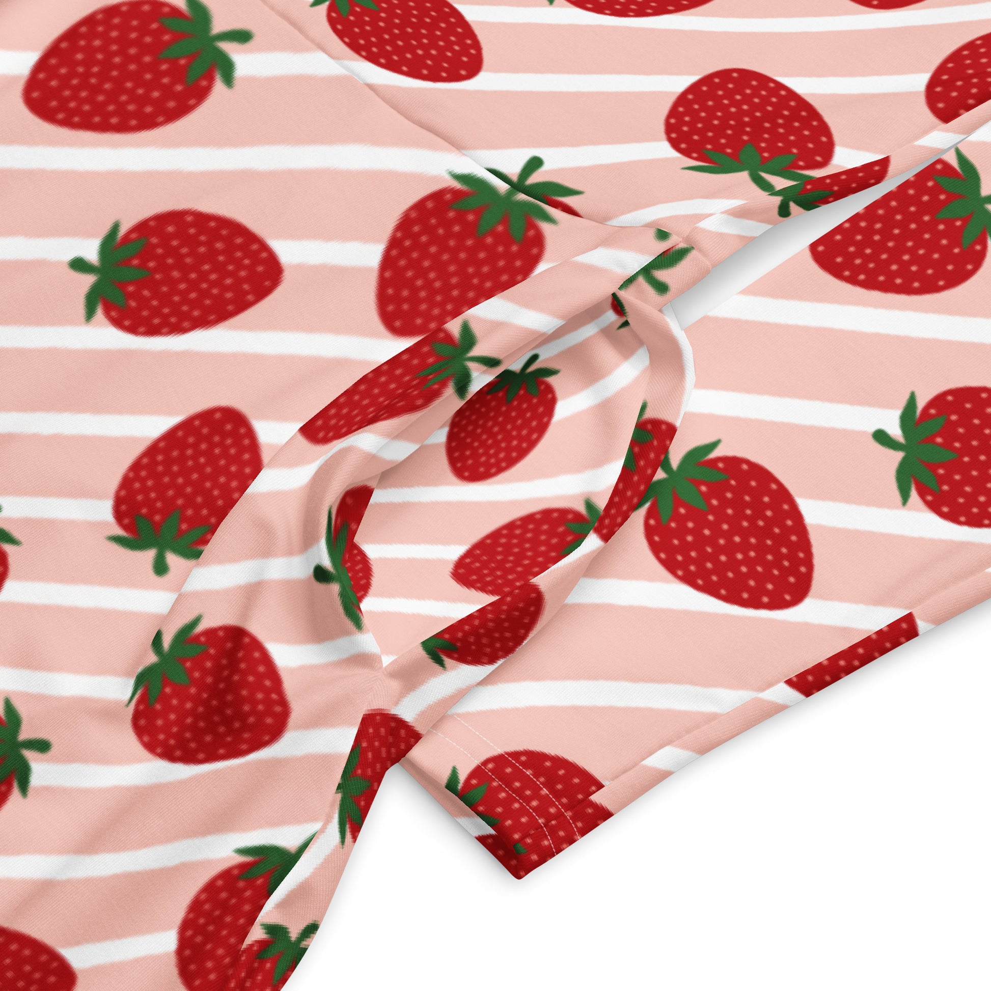 Strawberry and stripe print longsleeve dress with pockets on white background