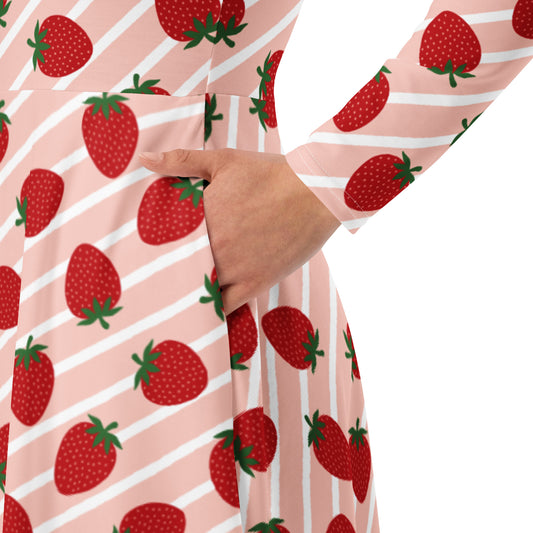 Strawberry and stripe print longsleeve dress with pockets on white background