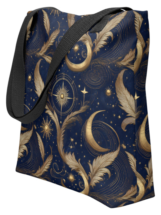 Whimsigoth sun and moon tote bag featuring feathers, moon and stars on a dark navy blue background.