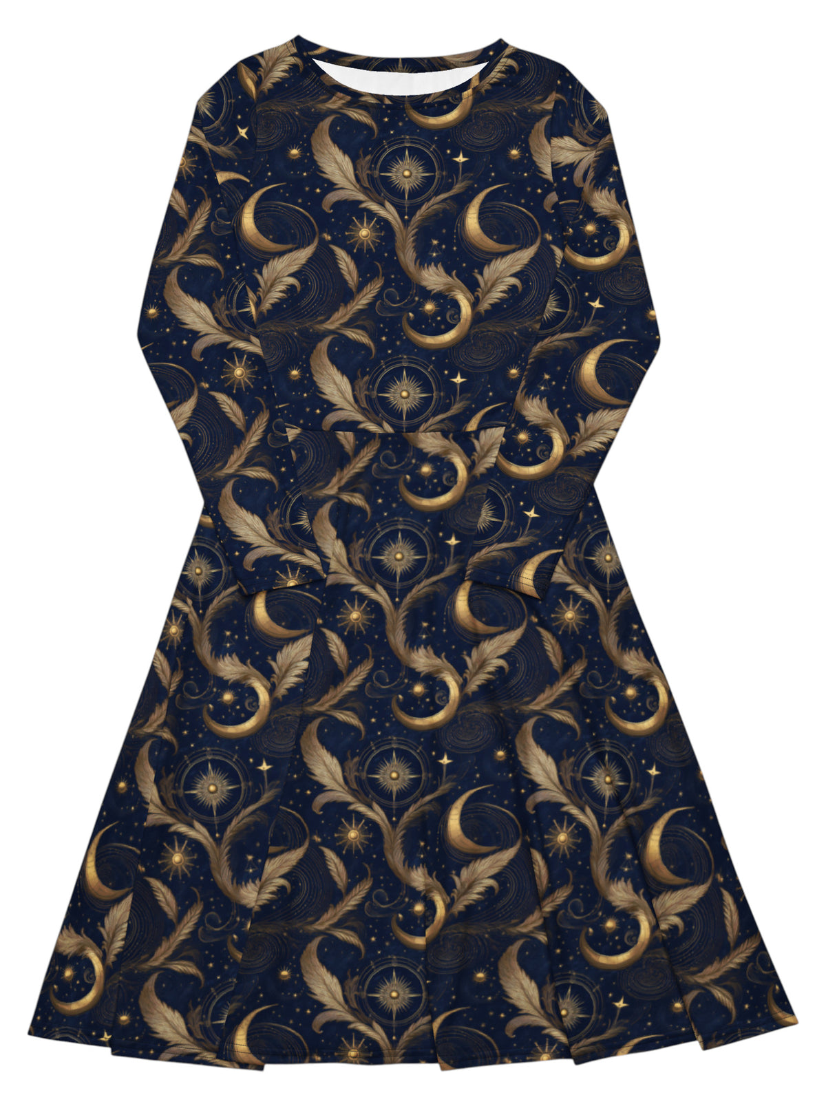 A long-sleeve A-line dress featuring a celestial print of gold crescent moons, stars, and feathers on a dark navy blue background, shown against a plain white background.