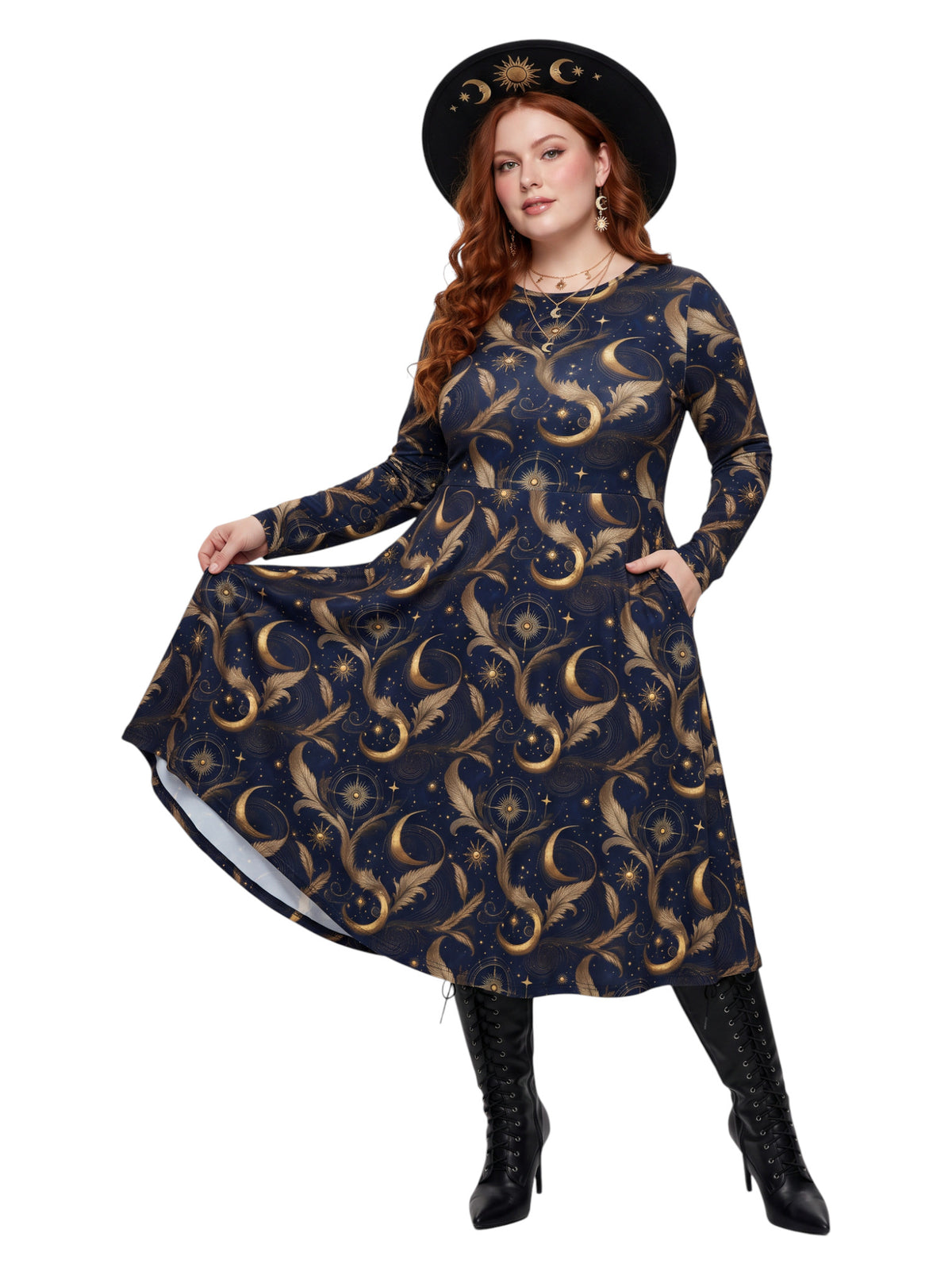Plus size woman wearing a navy blue long sleeve fit and flare midi dress with side slit pockets featuring a gold sun, moon, and stars celestial print.