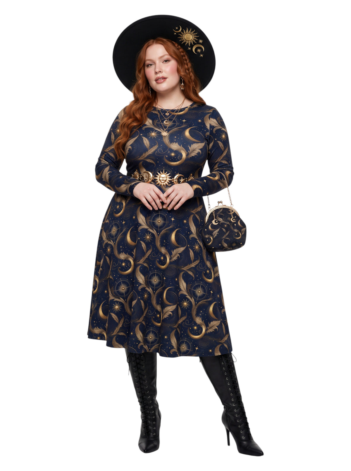 A woman modeling a long-sleeve midi dress with a celestial print in navy blue and gold, styled with a matching hat, belt, clutch, and black lace-up boots against a plain white background.