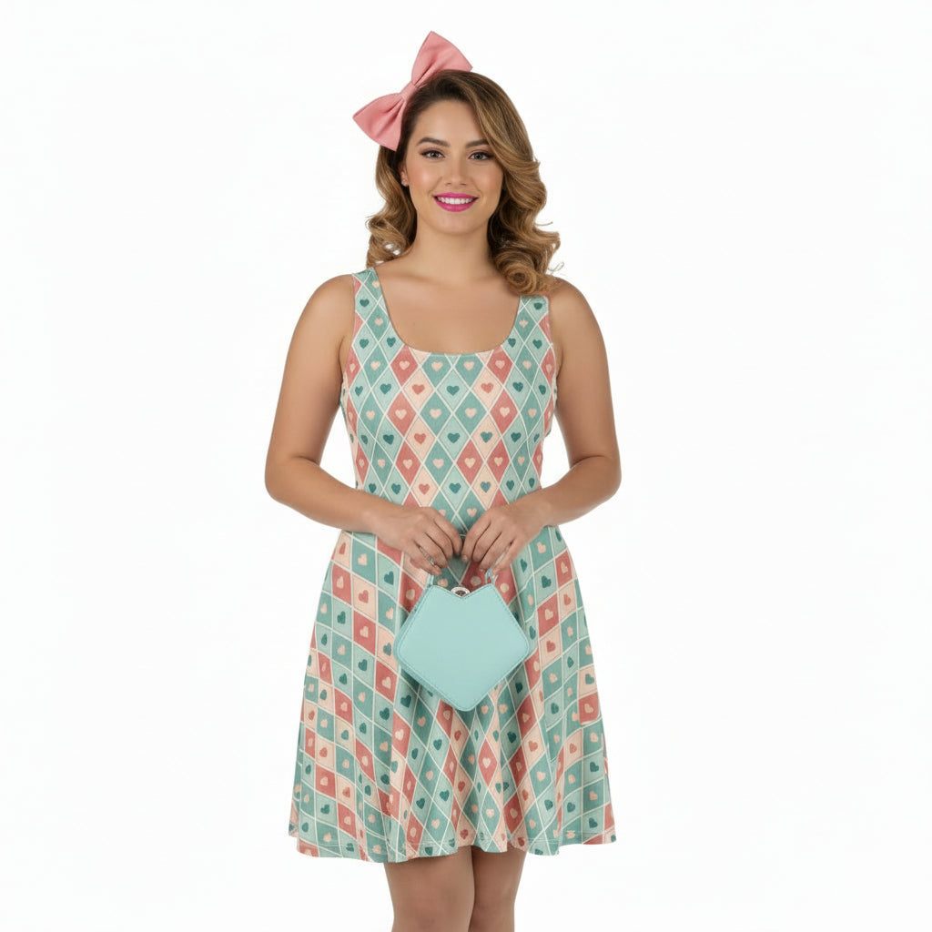 Woman wearing a patterned dress holding a clutch on a white background