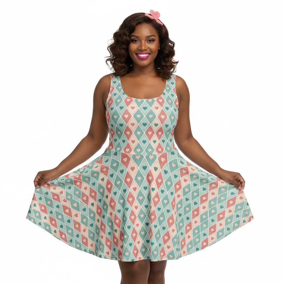 Woman wearing a patterned dress on a white background