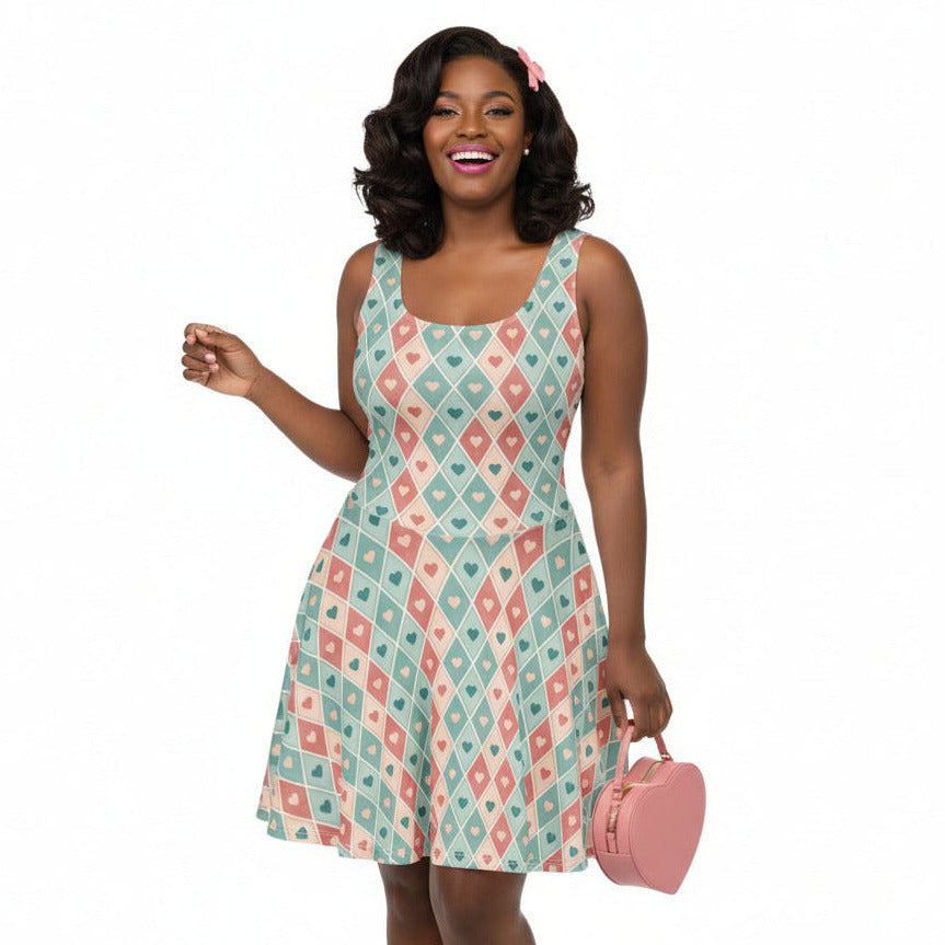 Woman wearing a valentine's day outfit, heart print dress