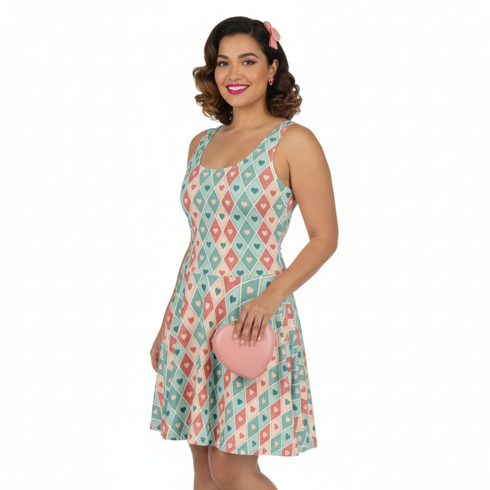 Woman wearing a patterned dress with a white background