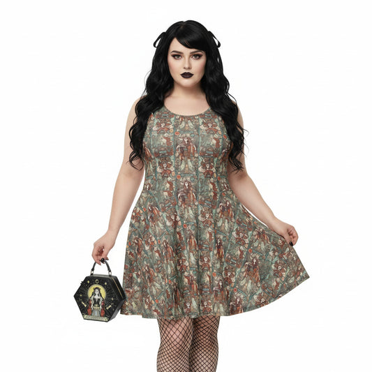Plus size woman wearing a green Whimsigoth tarot card print skater dress with black fishnets and a gothic handbag.