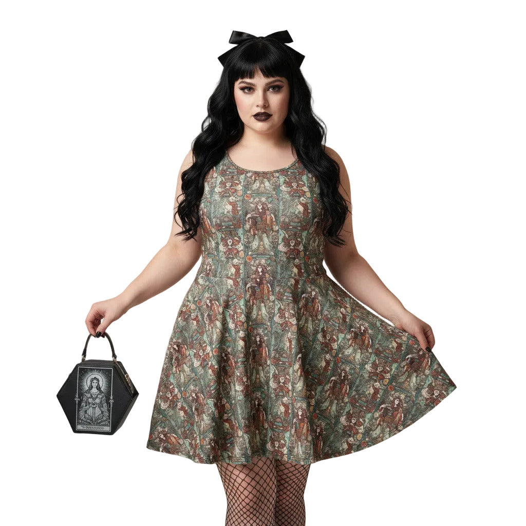 Plus size woman wearing a green Whimsigoth tarot card print skater dress with black fishnets and a gothic handbag.