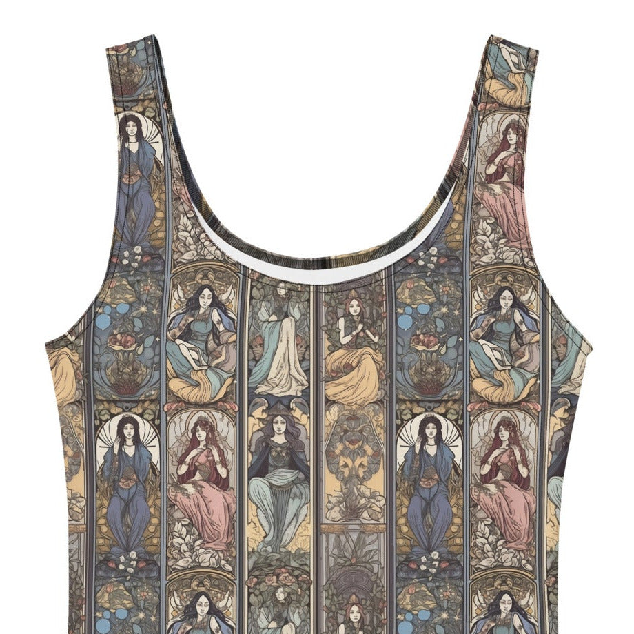 Sleeveless dress with a detailed pattern on a white background