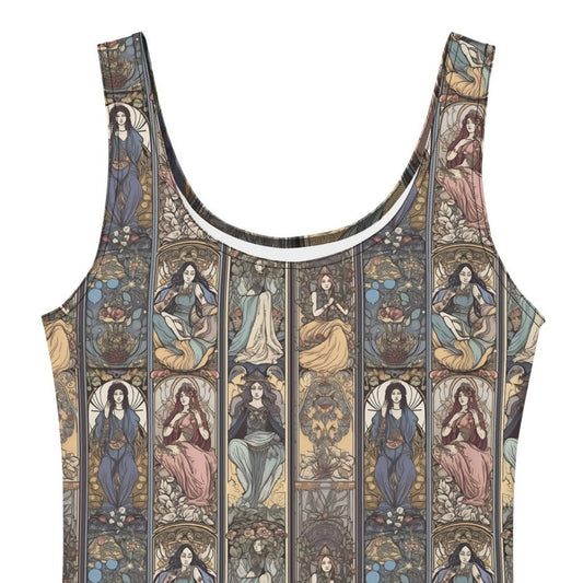 Sleeveless dress with a detailed pattern on a white background