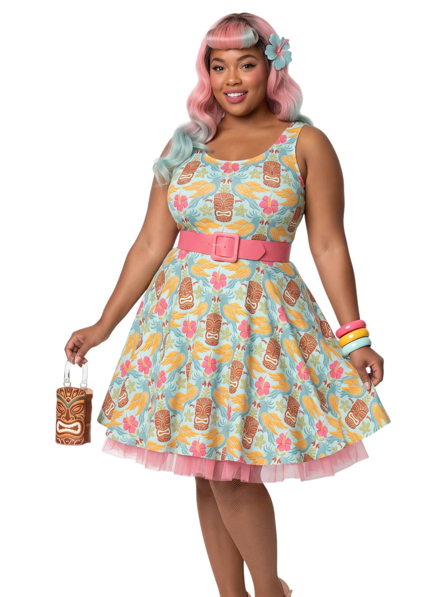 Plus-size woman in a tropical light blue Tiki mask and hibiscus flower print fit and flare swing dress highlighting a comfortable, inclusive curvy fit.