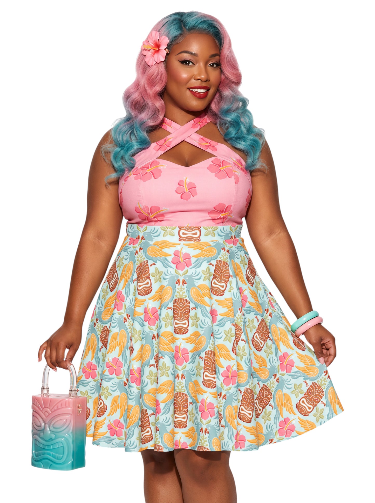 A plus-size woman wearing a Retro Tiki Cockatoo and Pink Hibiscus Flower printed high-waisted pinup A-line swing skirt.