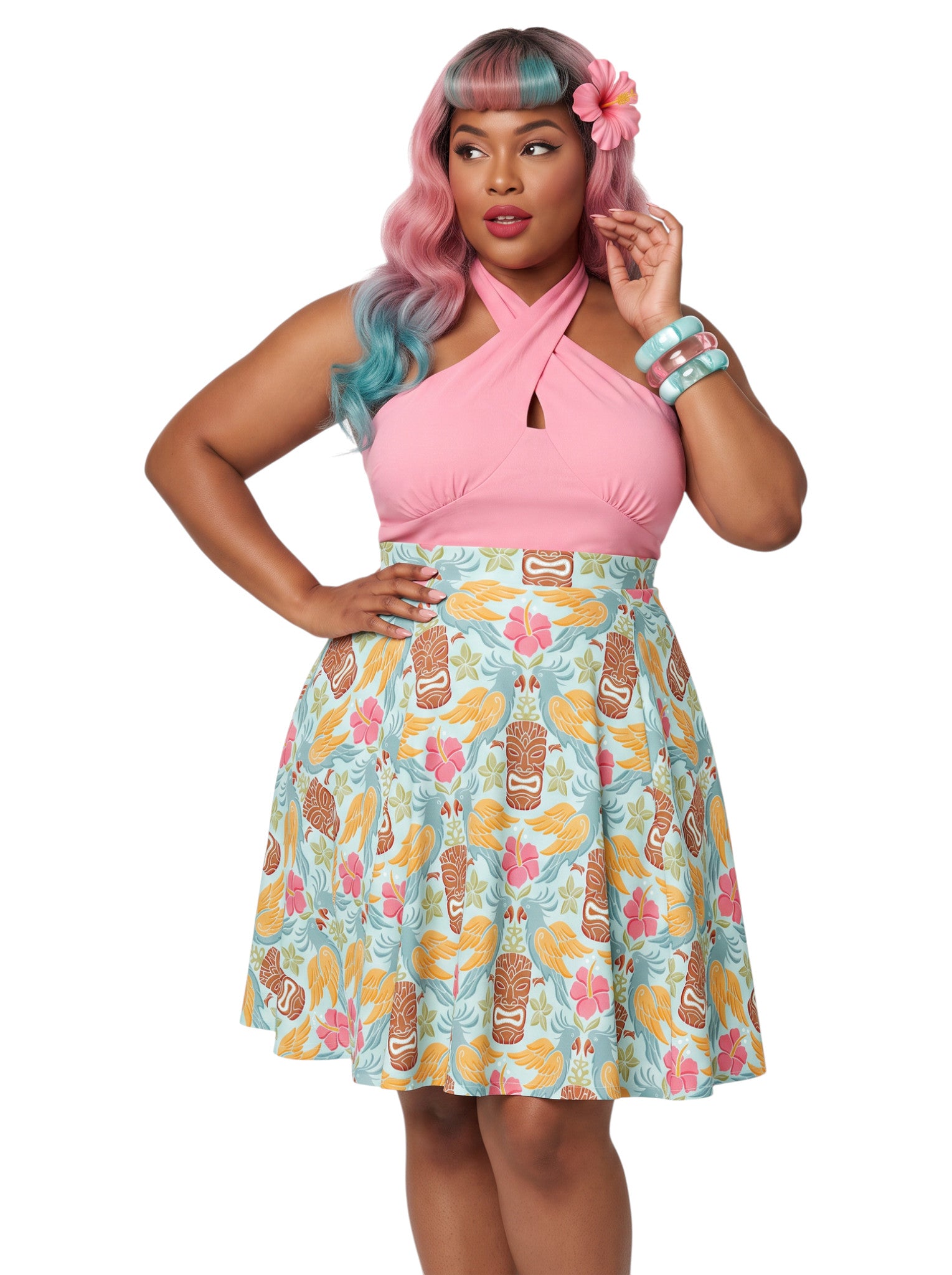 A plus-size woman wearing a Retro Tiki Cockatoo and Pink Hibiscus Flower printed high-waisted pinup A-line swing skirt.