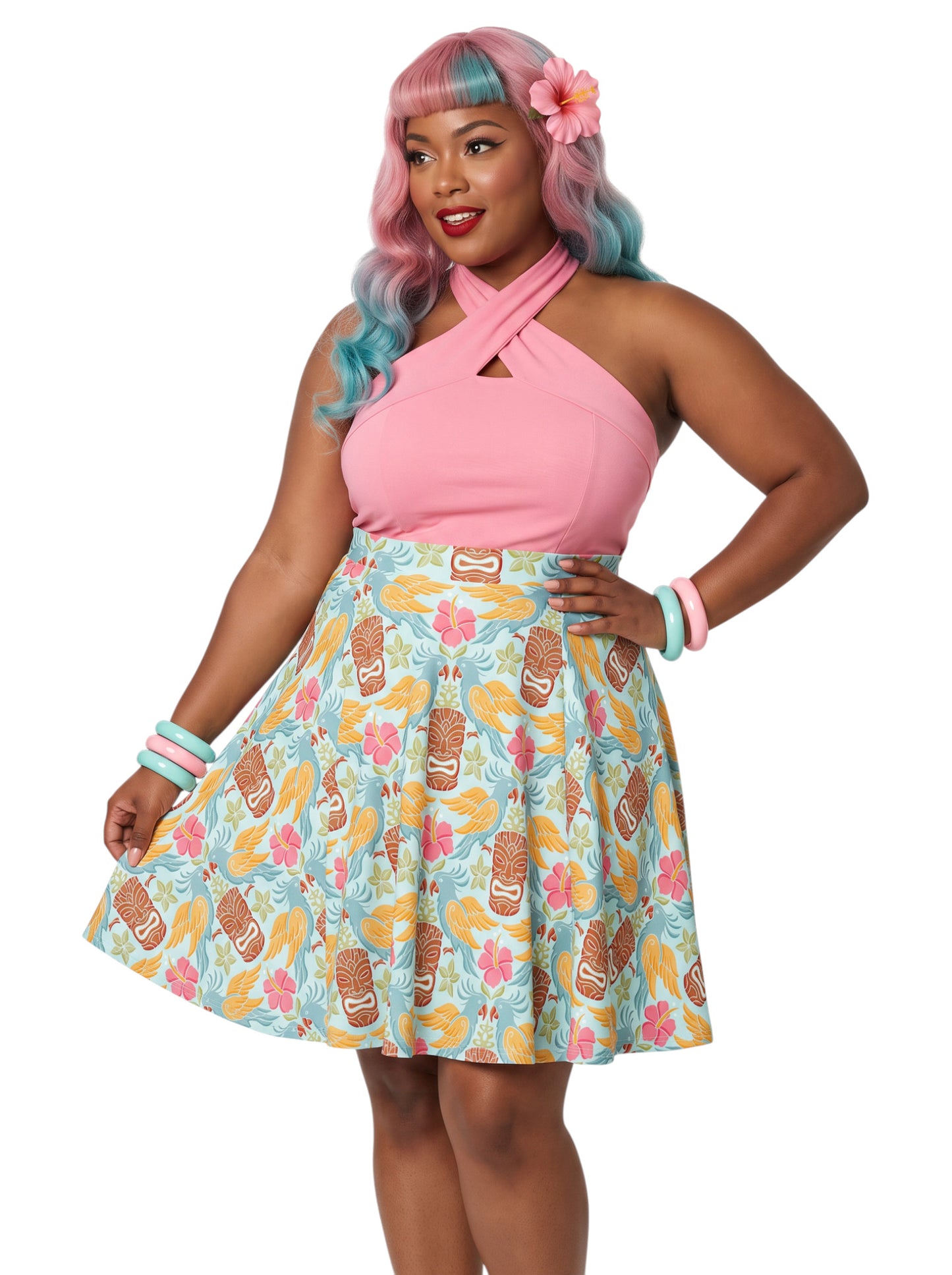 A plus-size woman wearing a Retro Tiki Cockatoo and Pink Hibiscus Flower printed high-waisted pinup A-line swing skirt.