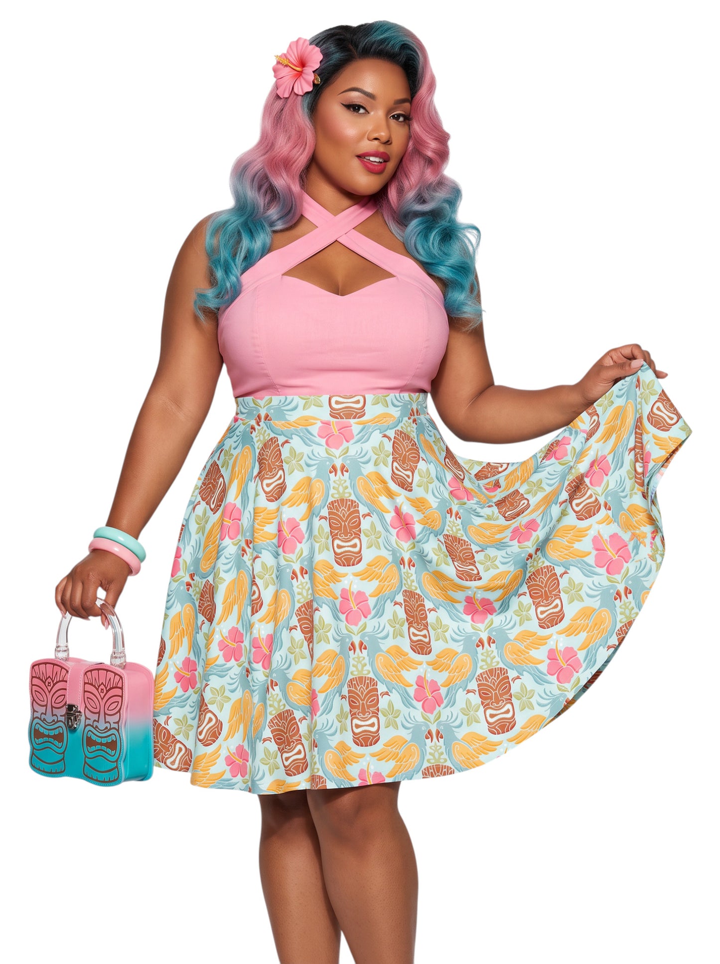 A plus-size woman wearing a Retro Tiki Cockatoo and Pink Hibiscus Flower printed high-waisted pinup A-line swing skirt.