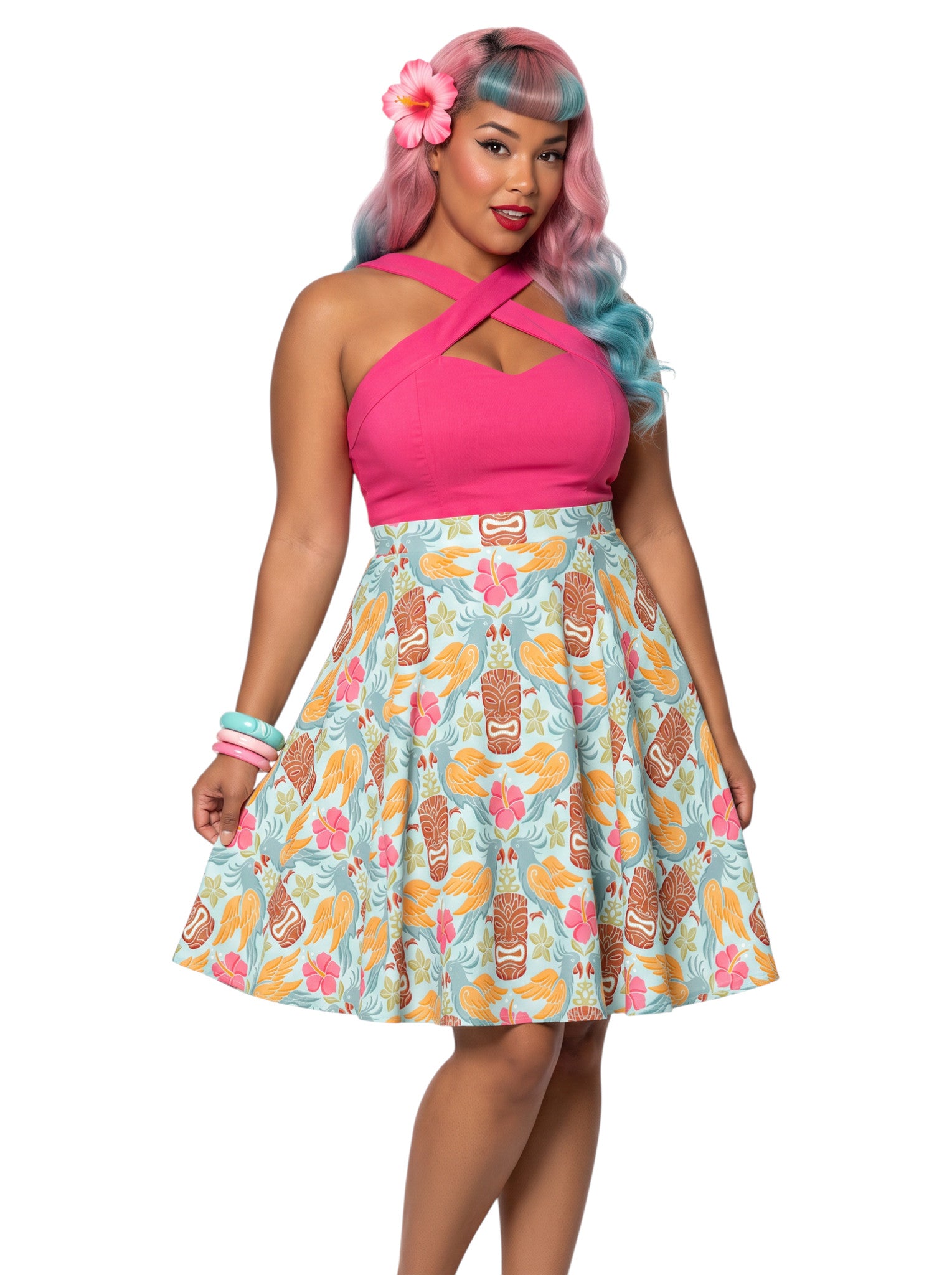 A plus-size woman wearing a Retro Tiki Cockatoo and Pink Hibiscus Flower printed high-waisted pinup A-line swing skirt.