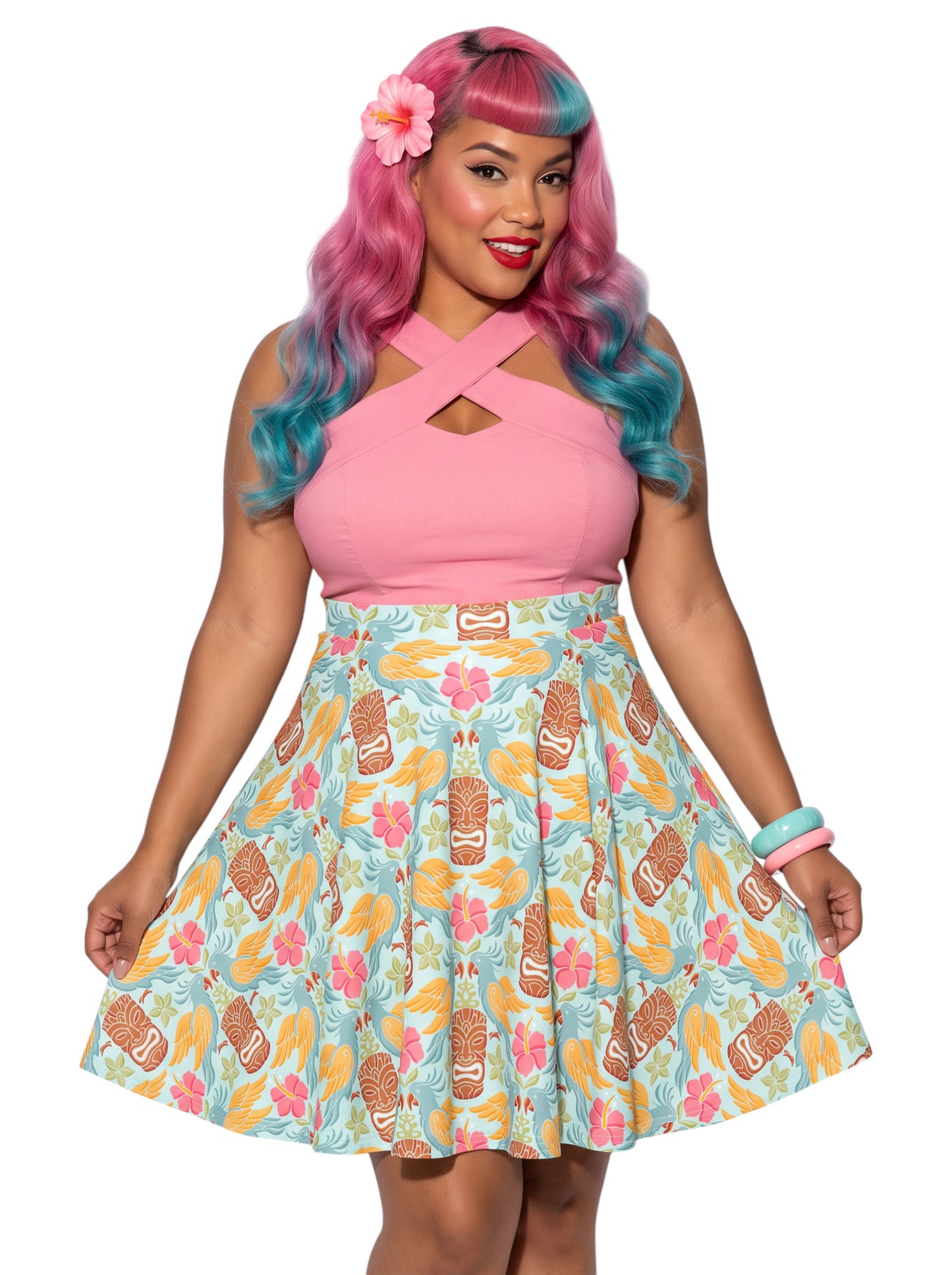 A plus-size woman wearing a Retro Tiki Cockatoo and Pink Hibiscus Flower printed high-waisted pinup A-line swing skirt.