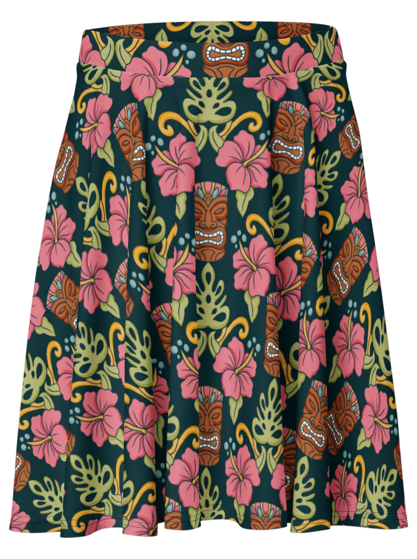 High-waisted tiki mask and hibiscus flower print pinup swing skirt.