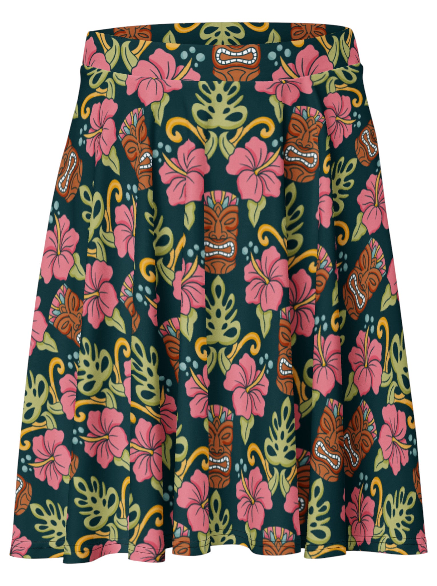 High-waisted tiki mask and hibiscus flower print pinup swing skirt.