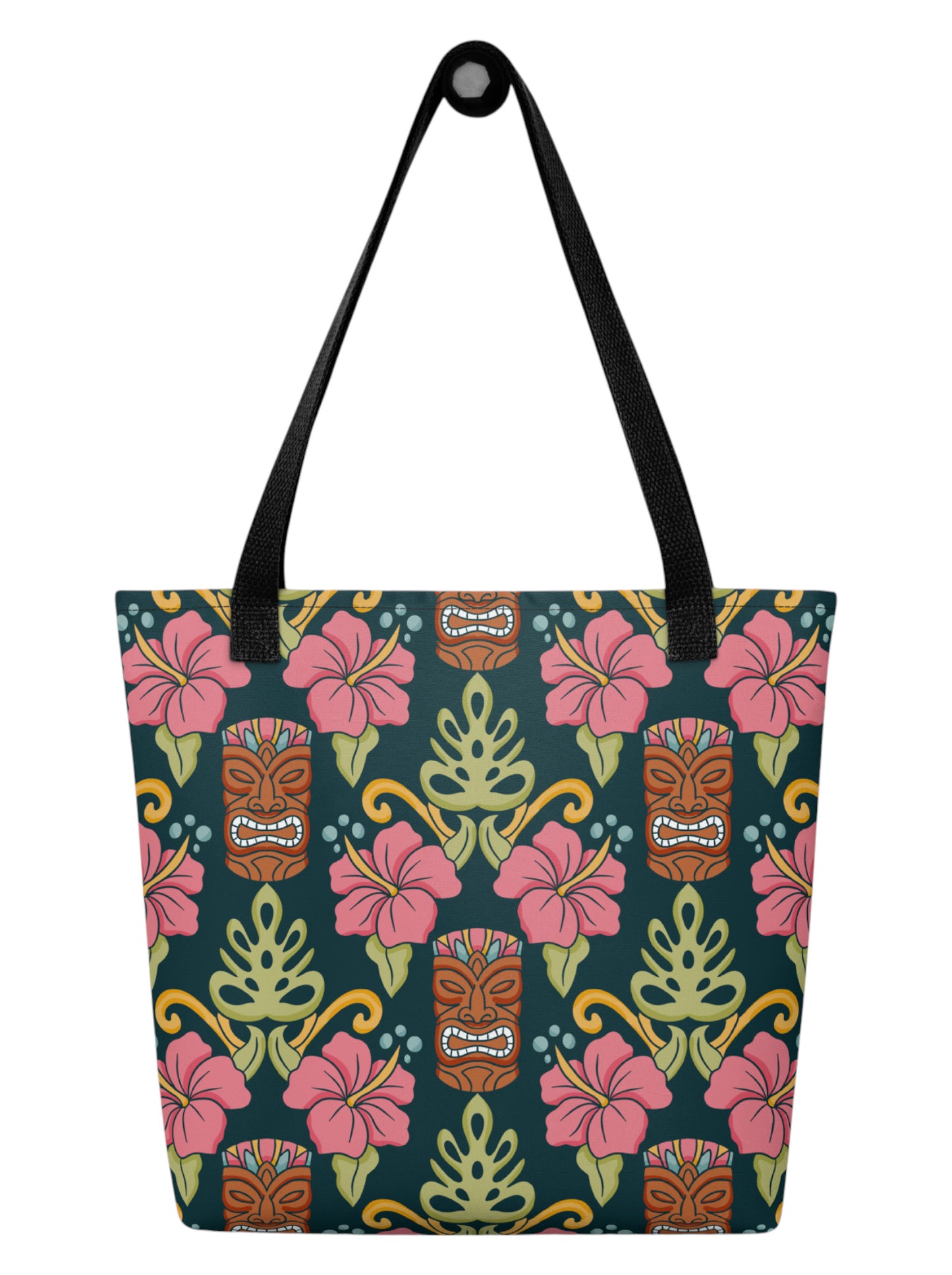 Tiki mask hibiscus flower pinup style tropical beach tote bag with black handles.