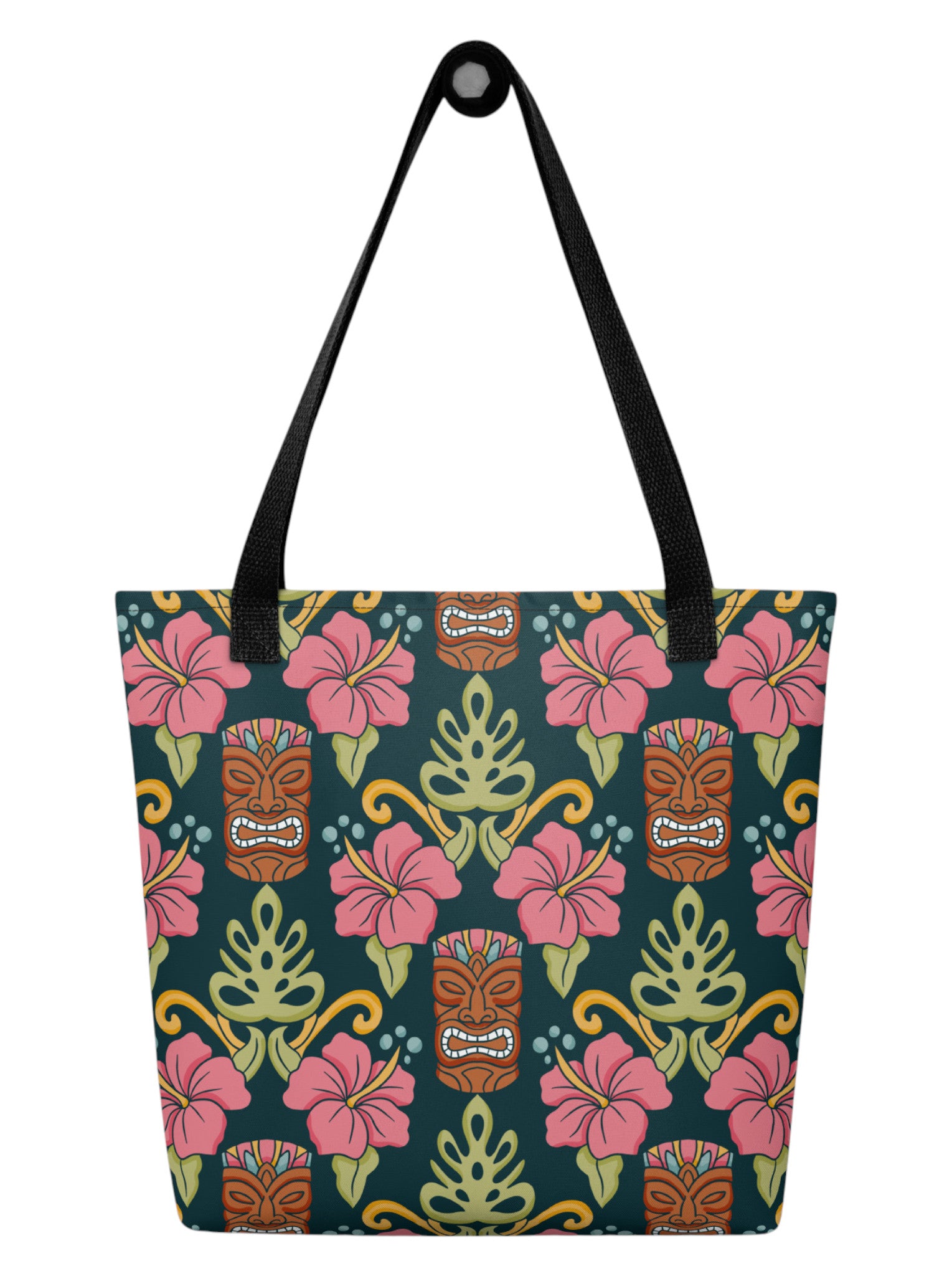 Tiki mask hibiscus flower pinup style tropical beach tote bag with black handles.