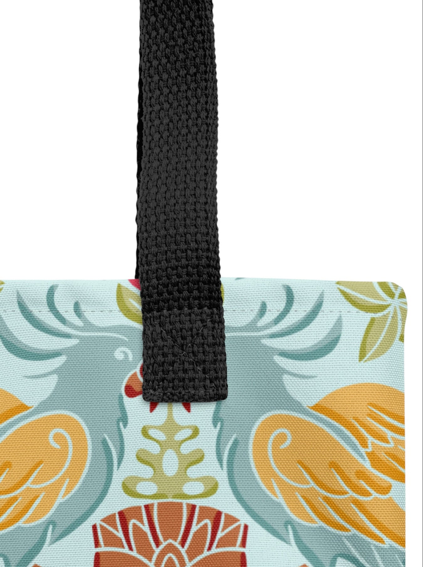 Tiki mask bird and hibiscus flower pattern tropical pinup tote bag with black handles.