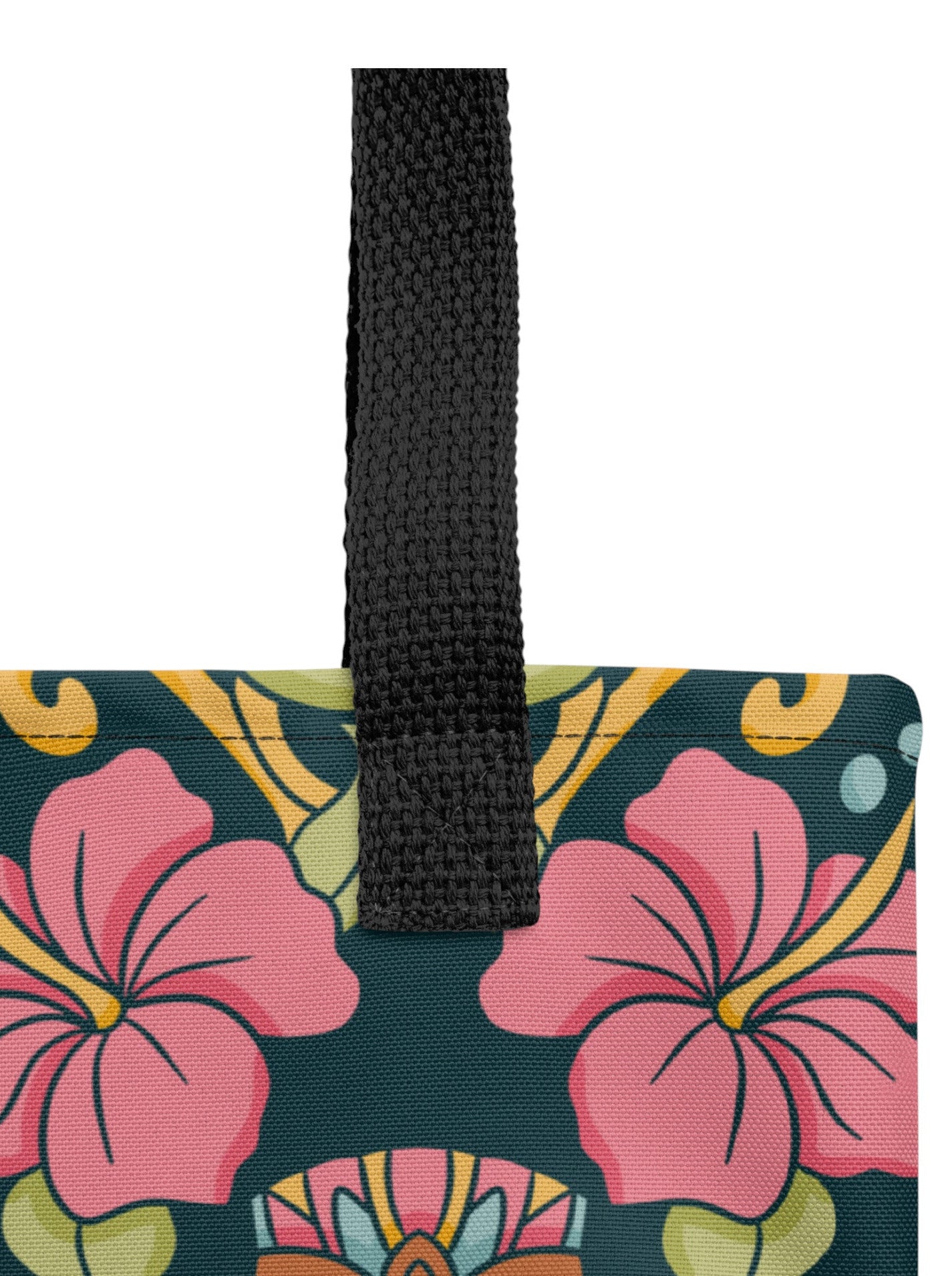 Tiki mask hibiscus flower pinup style tropical beach tote bag with black handles.