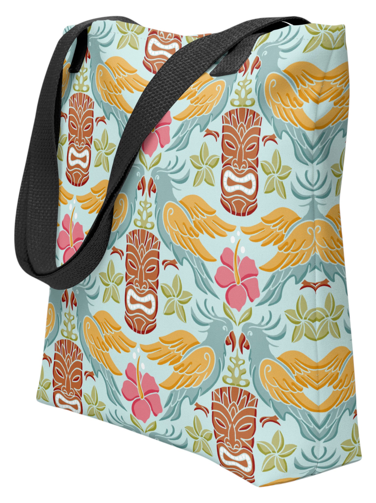 Tiki mask bird and hibiscus flower pattern tropical pinup tote bag with black handles.