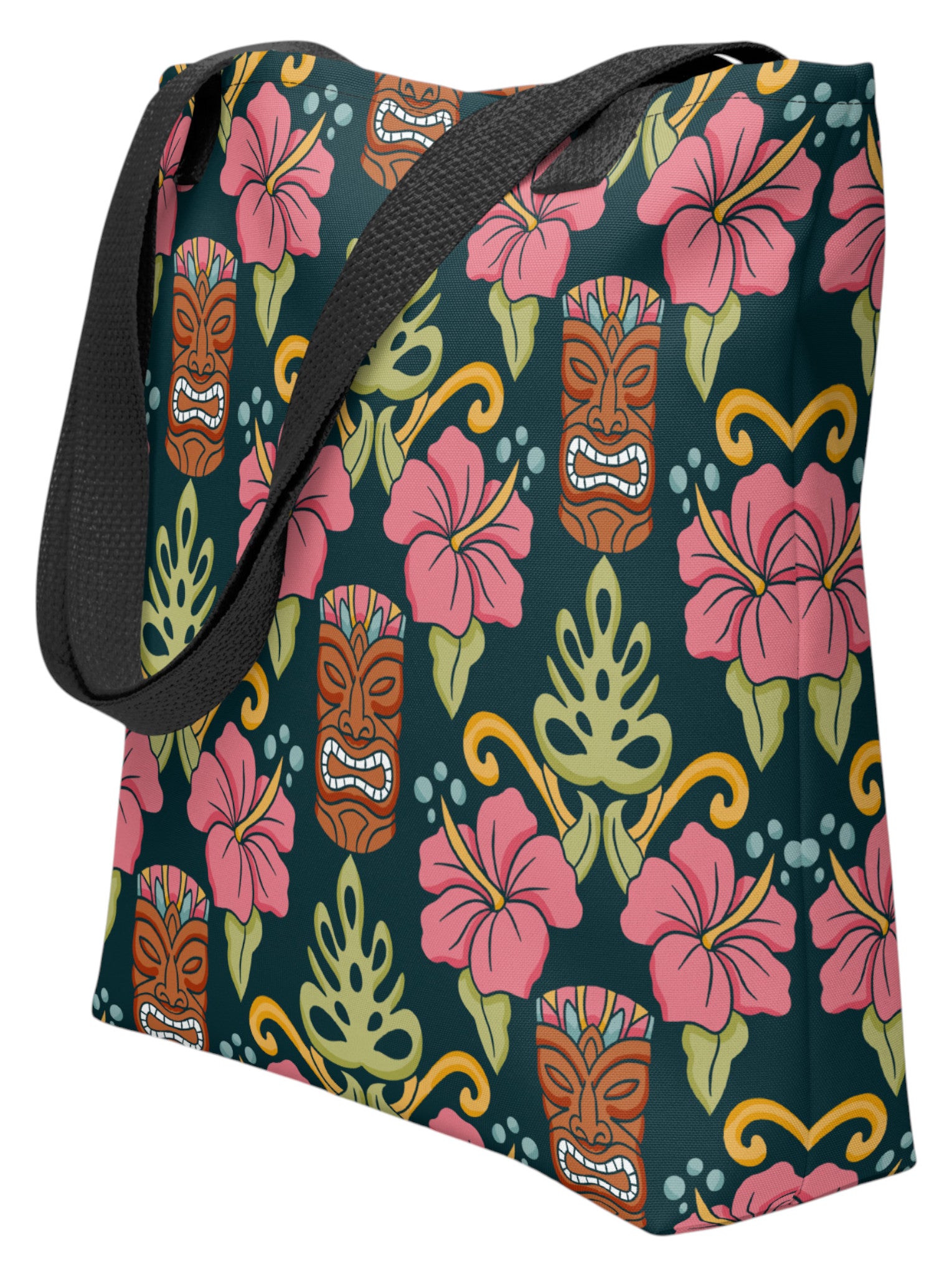 Tiki mask hibiscus flower pinup style tropical beach tote bag with black handles.