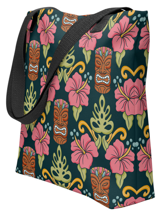 Tiki mask hibiscus flower pinup style tropical beach tote bag with black handles.