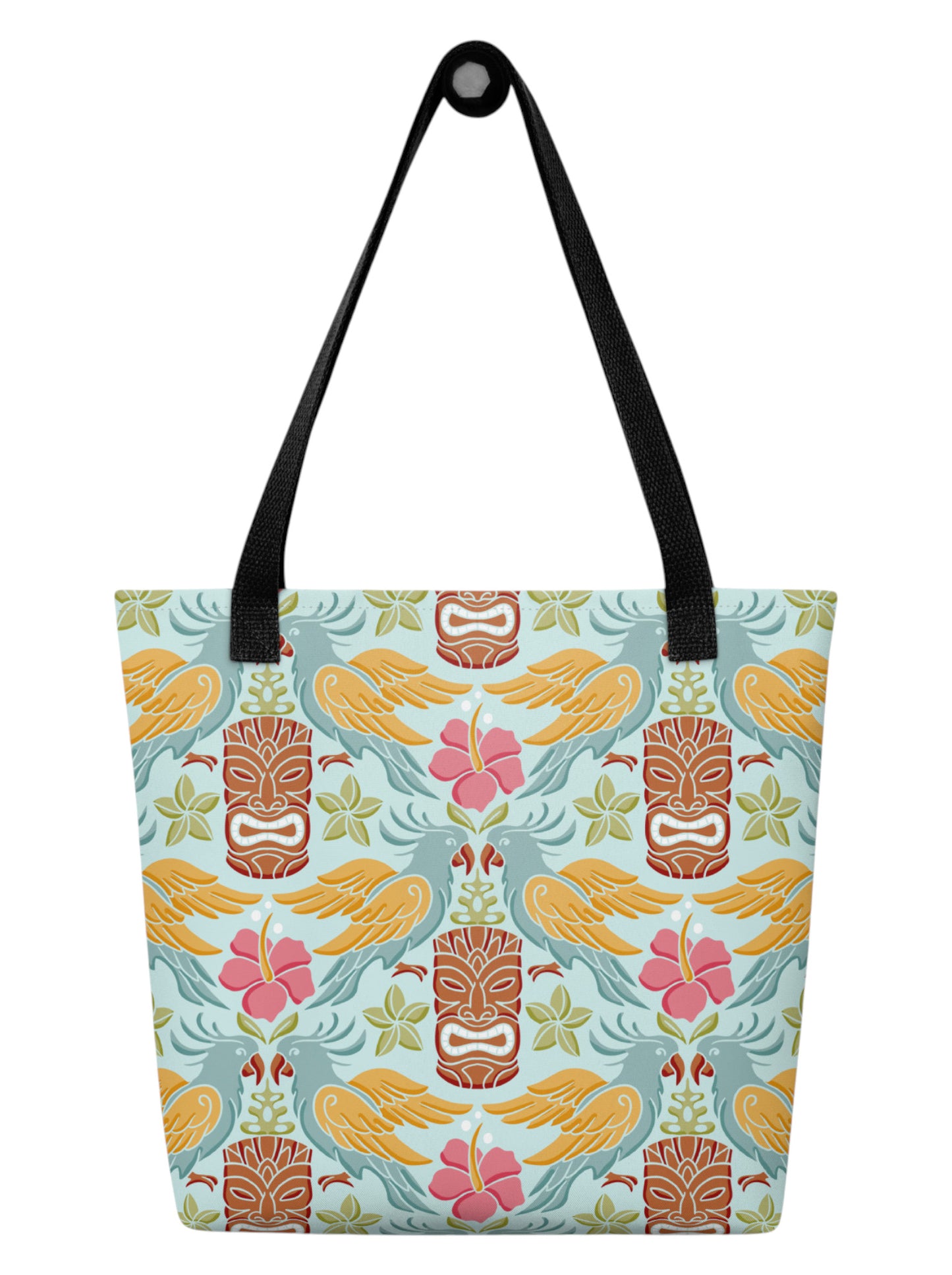 Tiki mask bird and hibiscus flower pattern tropical pinup tote bag with black handles.