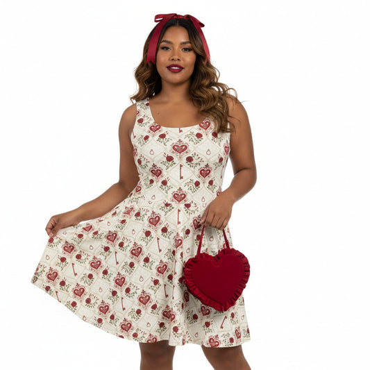 Woman wearing a floral dress with a heart-shaped bag on a white background