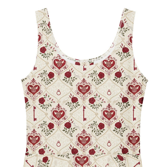 White sleeveless dress with red heart and key pattern on a white background