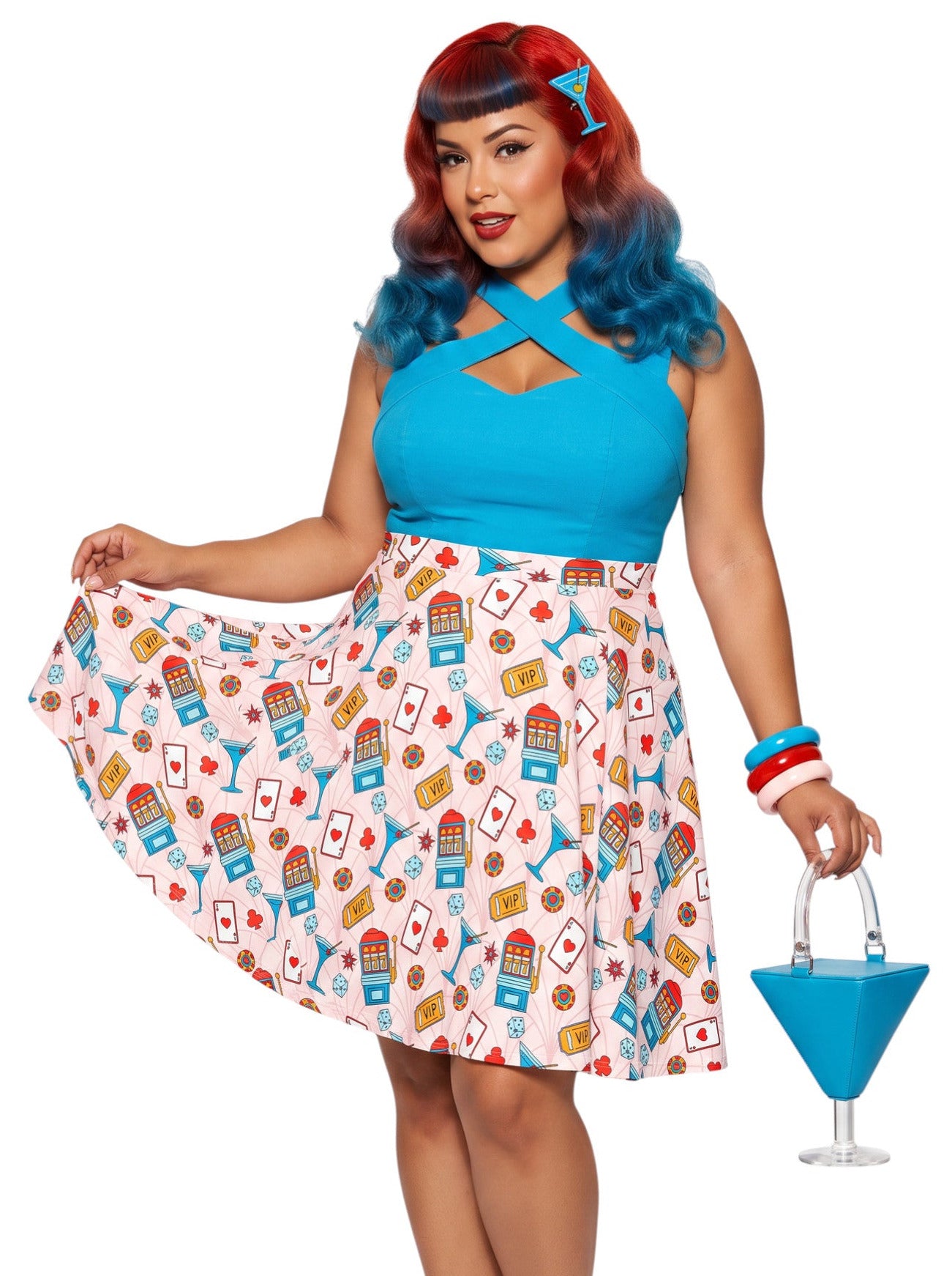 Woman wearing a plus size High-waisted retro Vegas pinup swing skirt with a colorful martini glass, dice, and slot machine print layout.