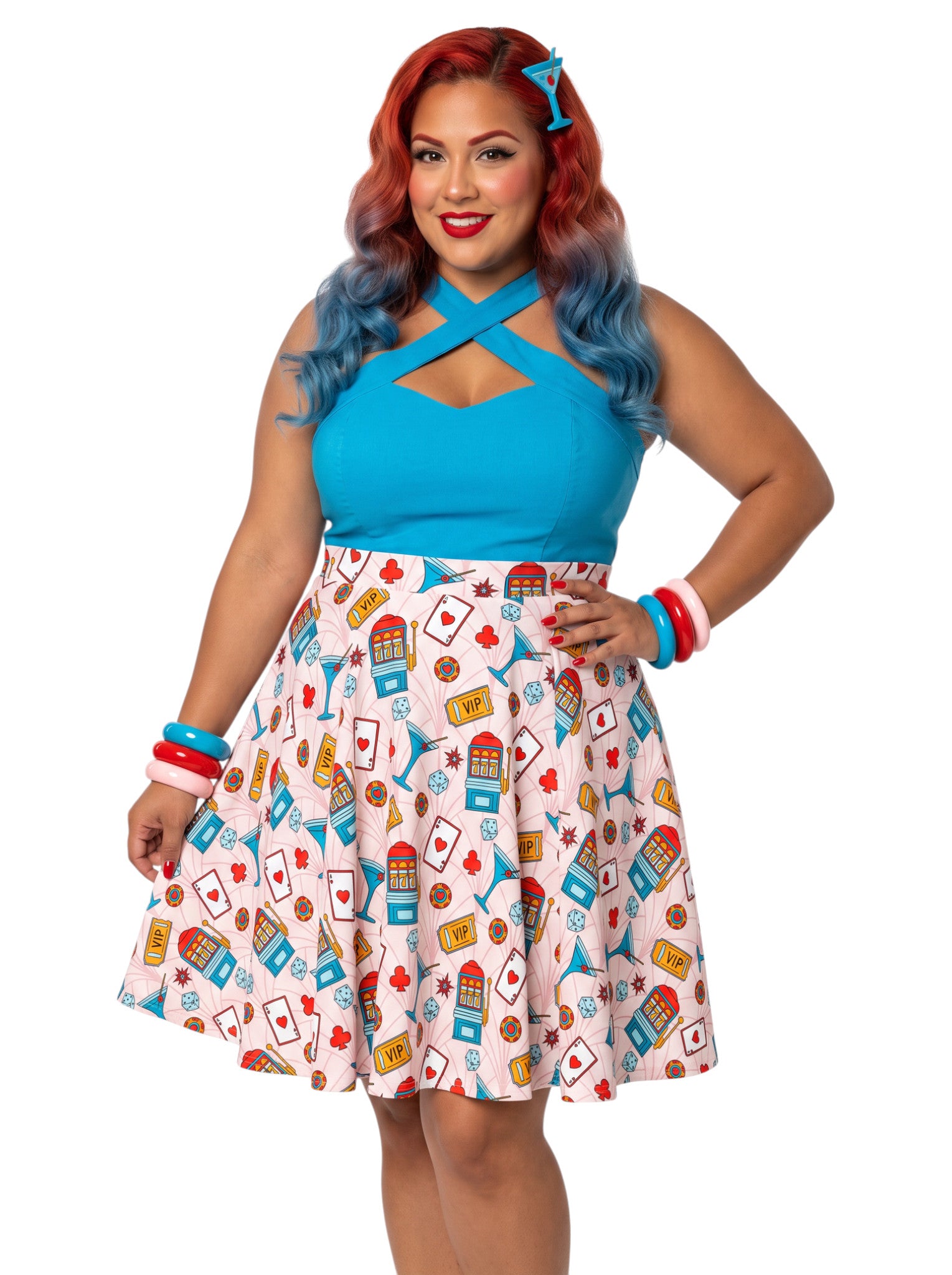 Woman wearing a plus size High-waisted retro Vegas pinup swing skirt with a colorful martini glass, dice, and slot machine print layout.