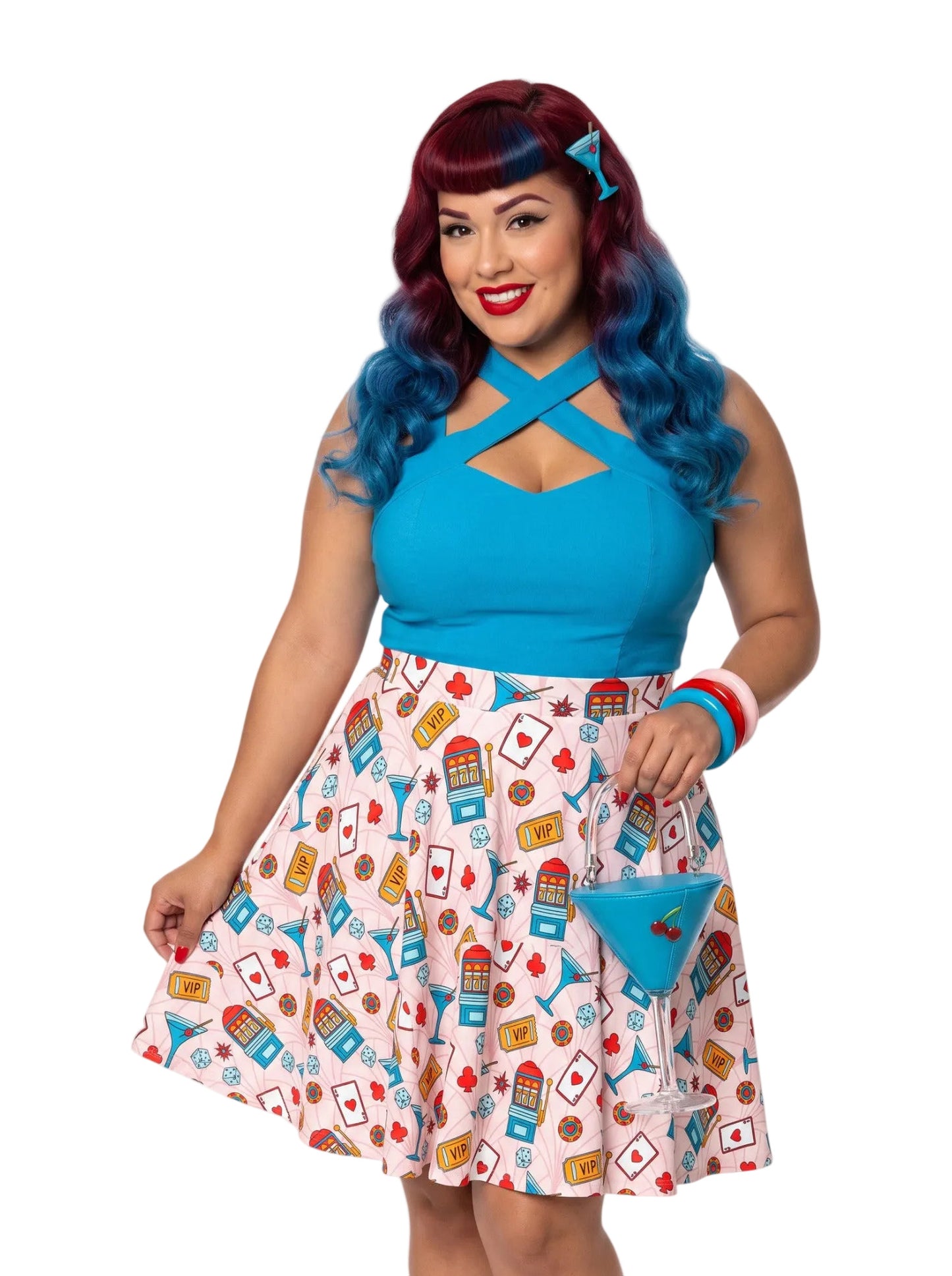 Woman wearing a plus size High-waisted retro Vegas pinup swing skirt with a colorful martini glass, dice, and slot machine print layout.