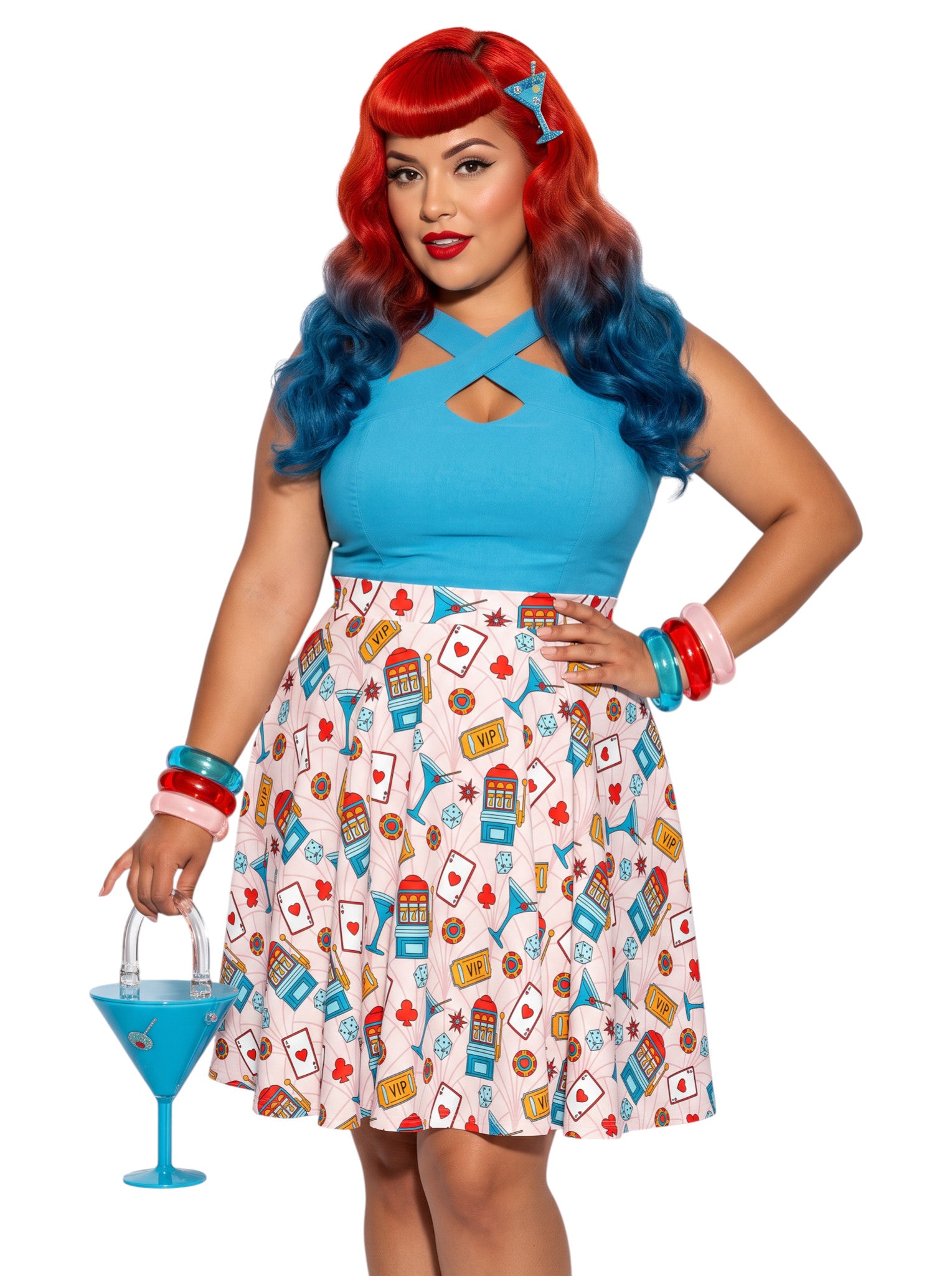 Woman wearing a plus size High-waisted retro Vegas pinup swing skirt with a colorful martini glass, dice, and slot machine print layout.