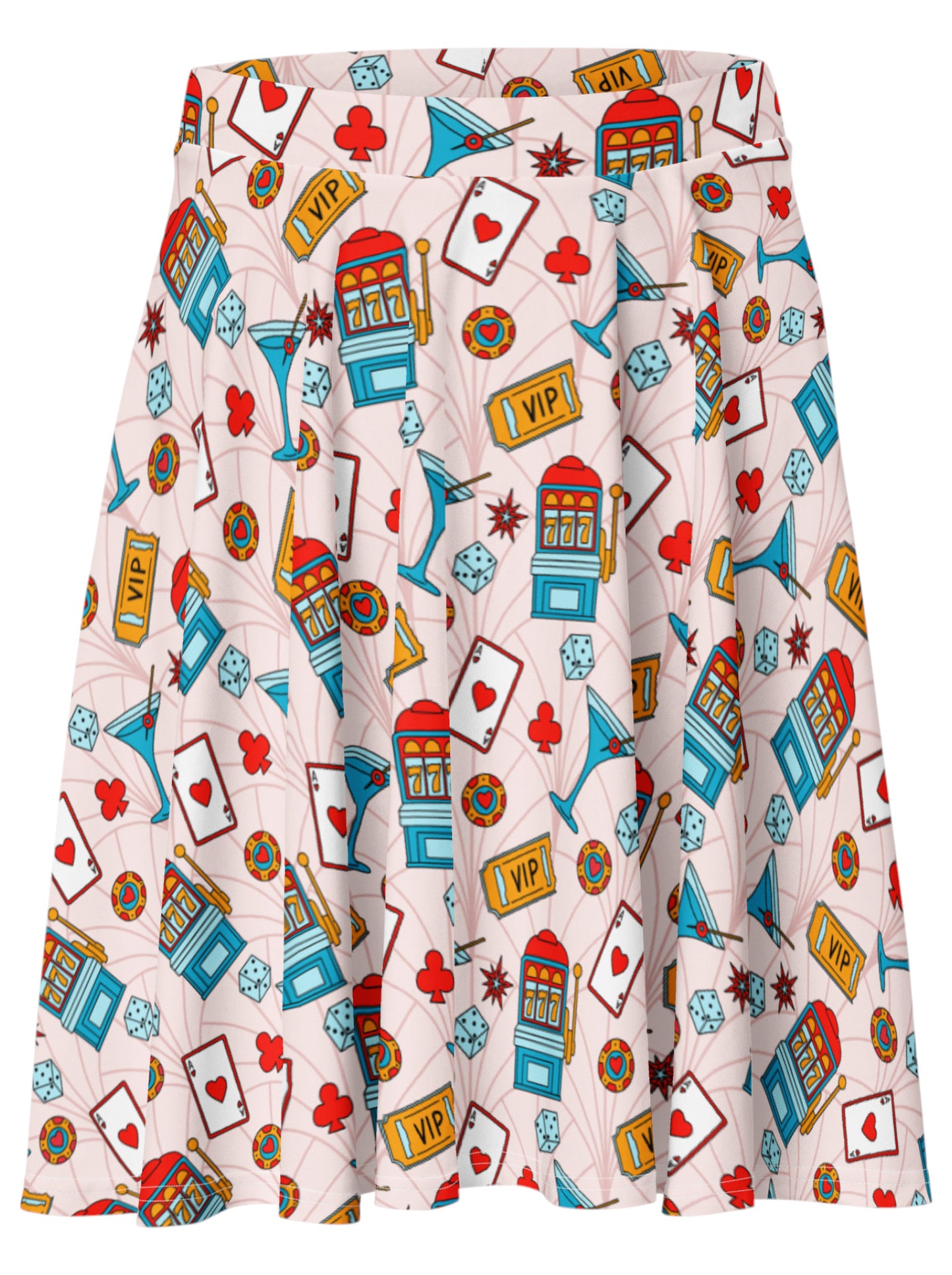 High-waisted retro Vegas pinup swing skirt with a colorful martini glass, dice, and slot machine print layout.