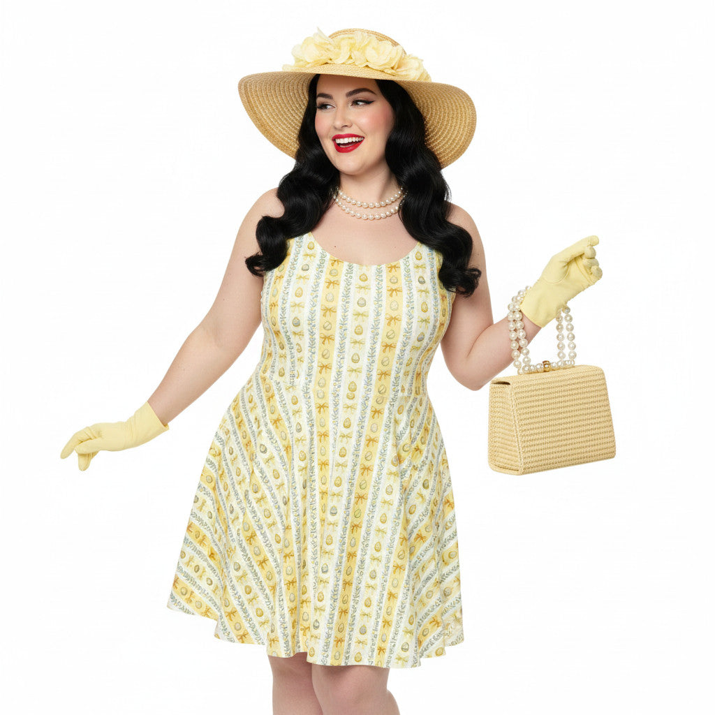 Plus size woman wearing a yellow 1950s vintage-inspired fit and flare dress with an Easter egg pattern, styled with a straw hat and pearls.