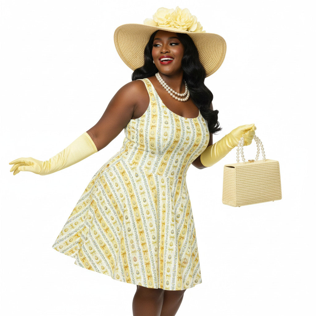 Plus size woman wearing a yellow 1950s vintage-inspired fit and flare dress with an Easter egg pattern, styled with a straw hat and pearls.