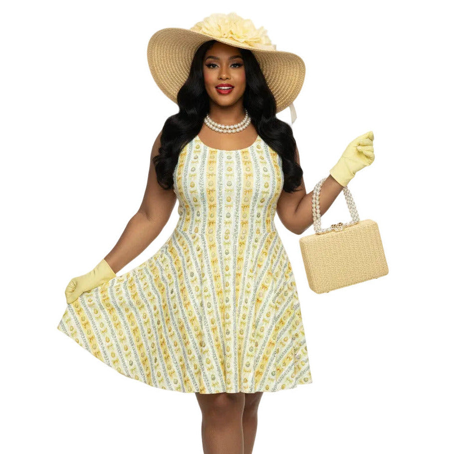Plus size woman wearing a yellow 1950s vintage-inspired fit and flare dress with an Easter egg pattern, styled with a straw hat and pearls.